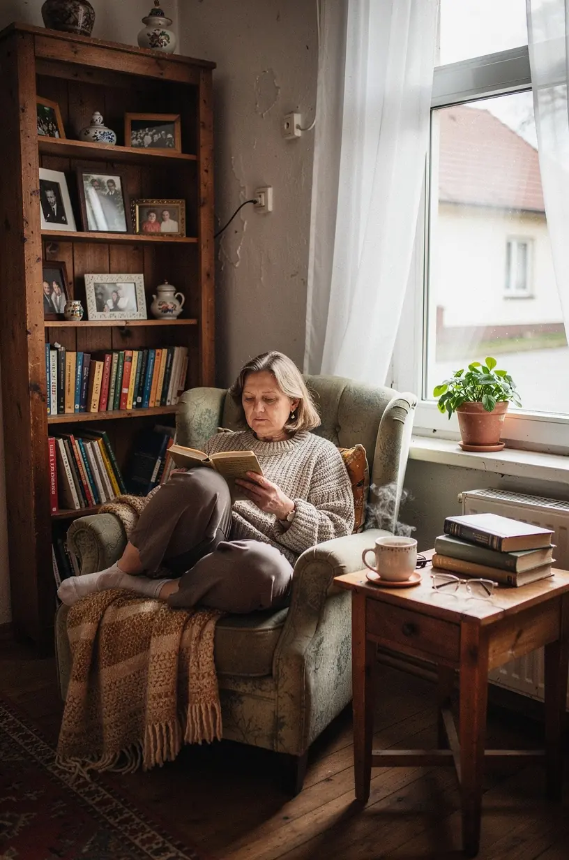 Strefa relaksu z wygodnym fotelem i lekkim kocem zapraszająca do odpoczynku i wyciszenia emocji